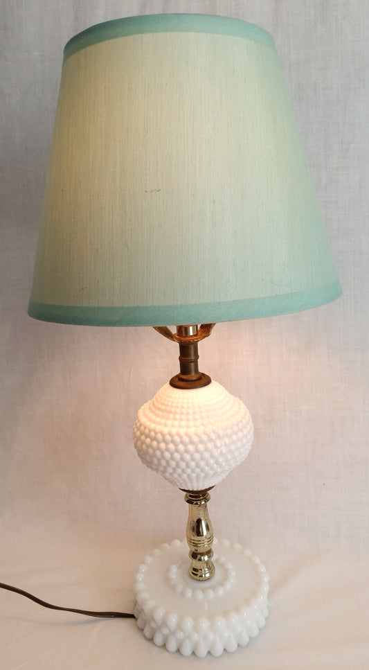 Mid Century Milk Glass Beaded Hobnail Tear Drops Design Table Lamp Desk Boudoir Bedroom Vanity w/Harp + Finial 18" Tall Retro Lighting