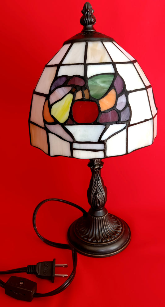 Vintage Table Lamp Bronze Metal Cast Column LEAD FREE Tiffany Style Slag-Stained Glass Multicolor Fruits Themed Shade In Line Switch 13” Tall