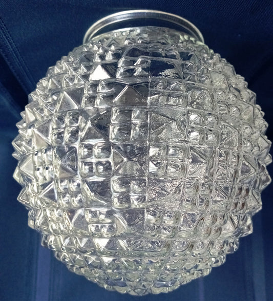 Vintage Clear Pressed Glass Small Globe Diamond Square Point Cut Knobby Design Ceiling Wall Porch Light Fixture Lampshade 3.25 inches Fitter-NOS
