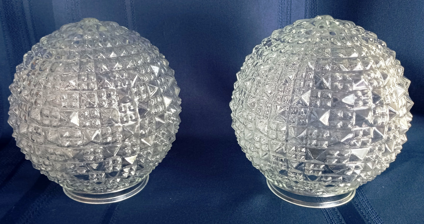 Vintage Clear Pressed Glass Small Globe Diamond Square Point Cut Knobby Design Ceiling Wall Porch Light Fixture Lampshade 3.25 inches Fitter-NOS