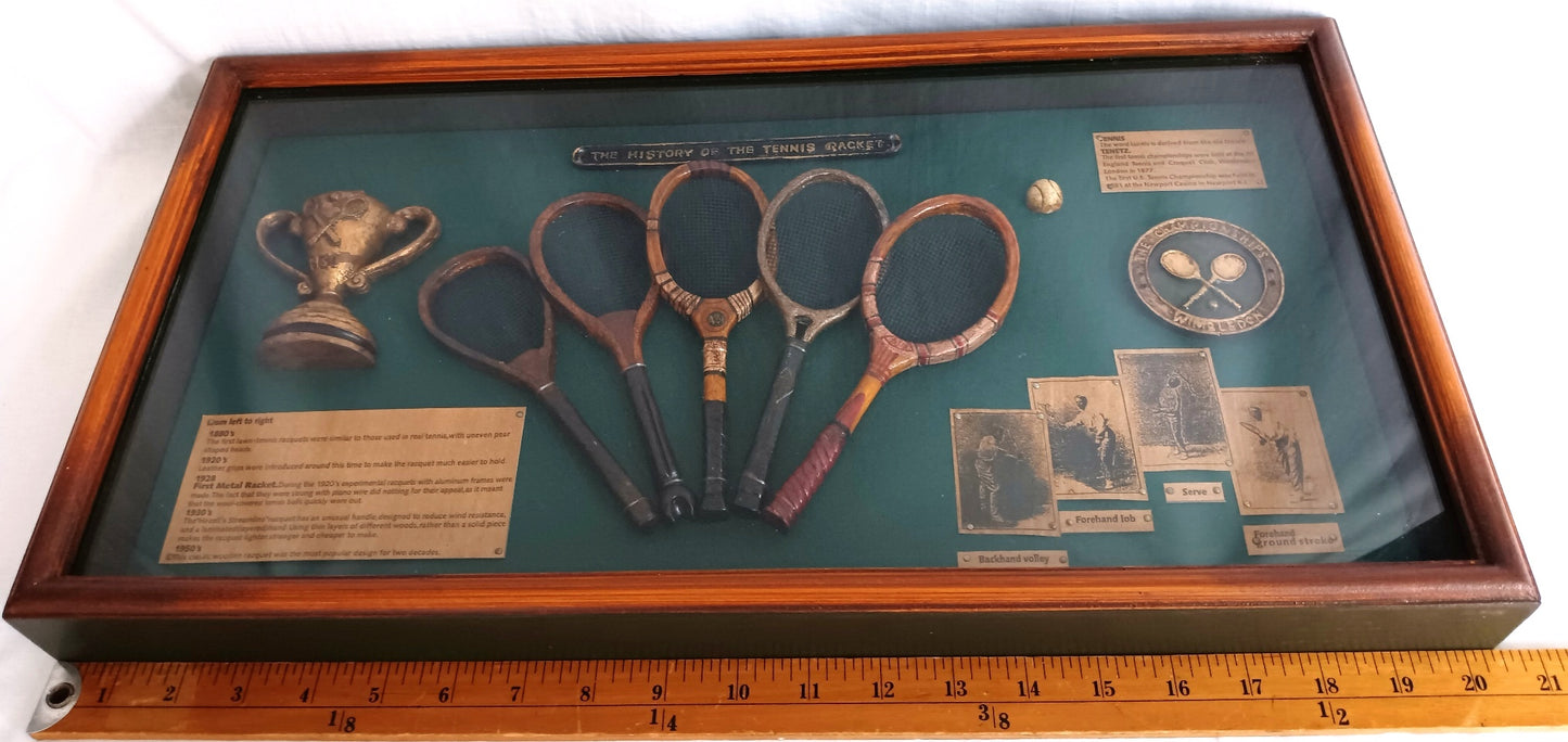 Framed Artwork The History of Tennis Racket 3D Wall Hanging Shadow Box Display Miniature Trophy Rackets Ball Informational Plaques-NIB