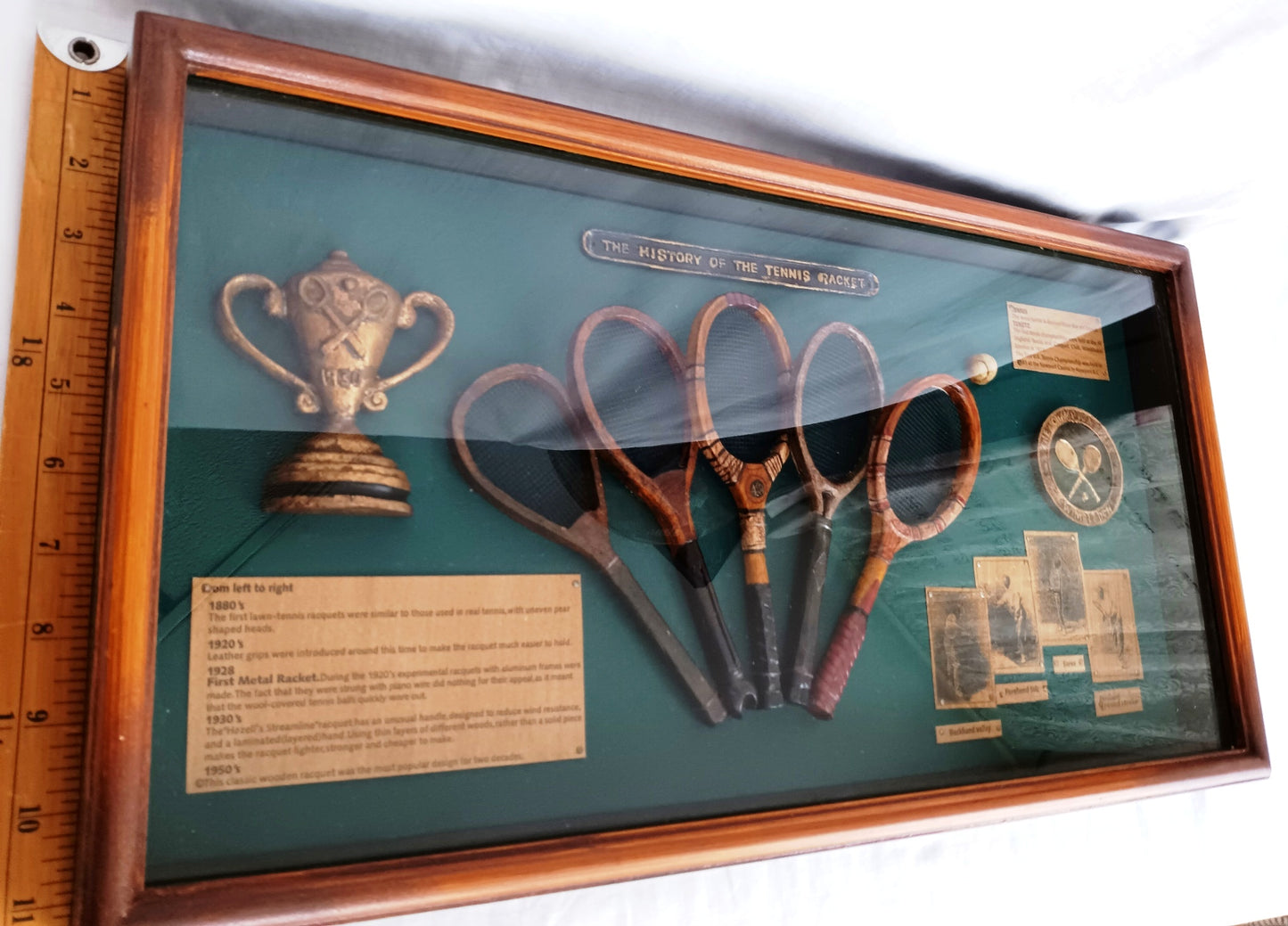 Framed Artwork The History of Tennis Racket 3D Wall Hanging Shadow Box Display Miniature Trophy Rackets Ball Informational Plaques-NIB