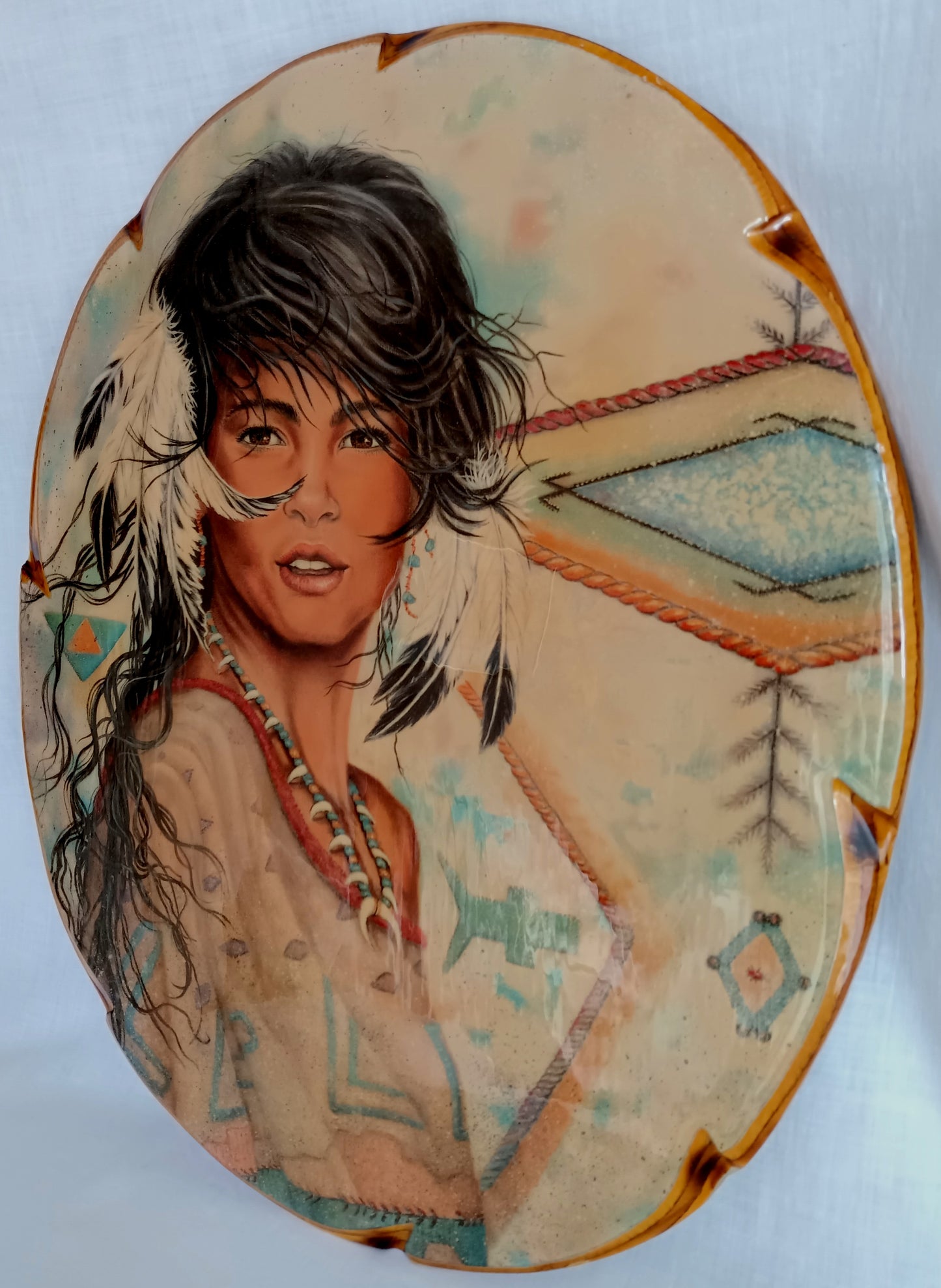 Vintage Large Oval Lacquered Wood Slab Plaque Young Woman Native American Indian Wall Hanging Portrait Wood Art Southwestern Decor 19” Tall