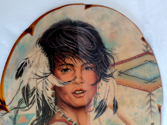 Vintage Large Oval Lacquered Wood Slab Plaque Young Woman Native American Indian Wall Hanging Portrait Wood Art Southwestern Decor 19” Tall