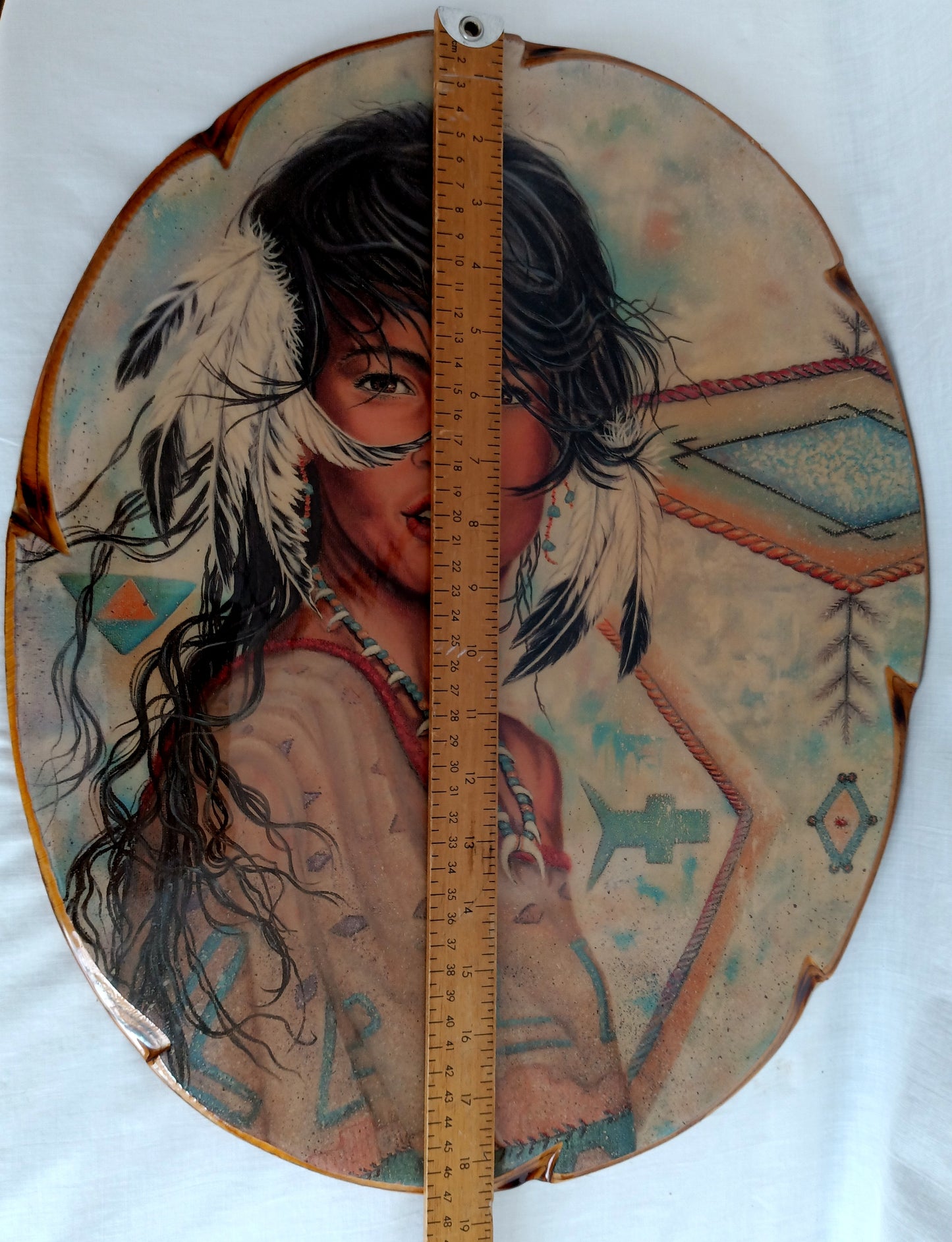 Vintage Large Oval Lacquered Wood Slab Plaque Young Woman Native American Indian Wall Hanging Portrait Wood Art Southwestern Decor 19” Tall