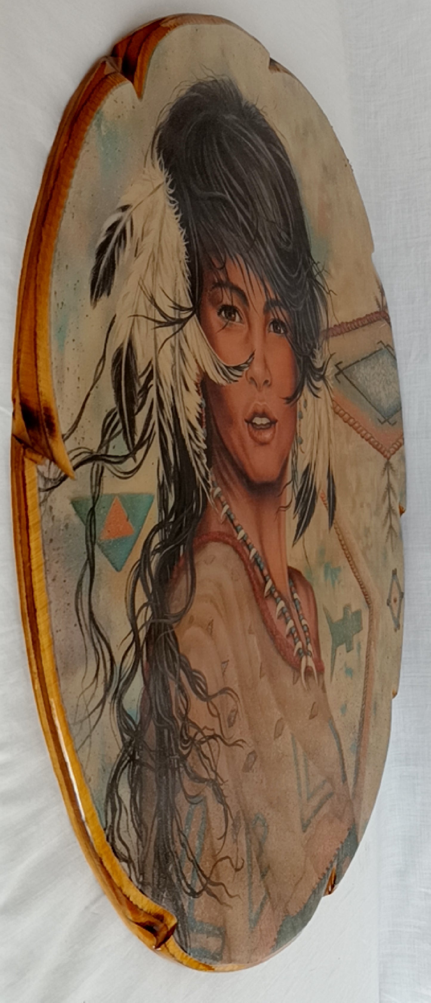 Vintage Large Oval Lacquered Wood Slab Plaque Young Woman Native American Indian Wall Hanging Portrait Wood Art Southwestern Decor 19” Tall