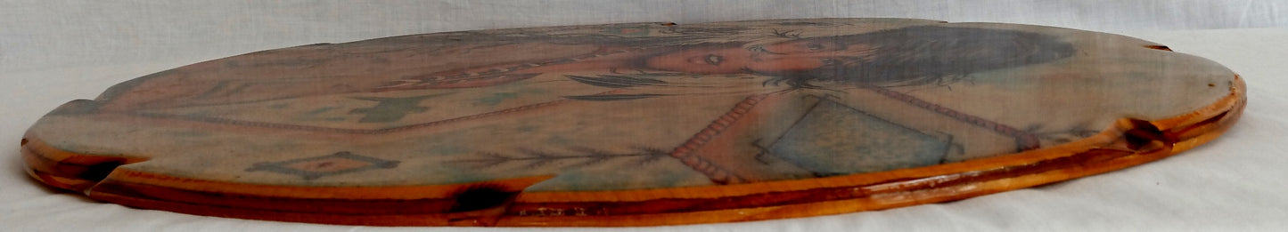 Vintage Large Oval Lacquered Wood Slab Plaque Young Woman Native American Indian Wall Hanging Portrait Wood Art Southwestern Decor 19” Tall