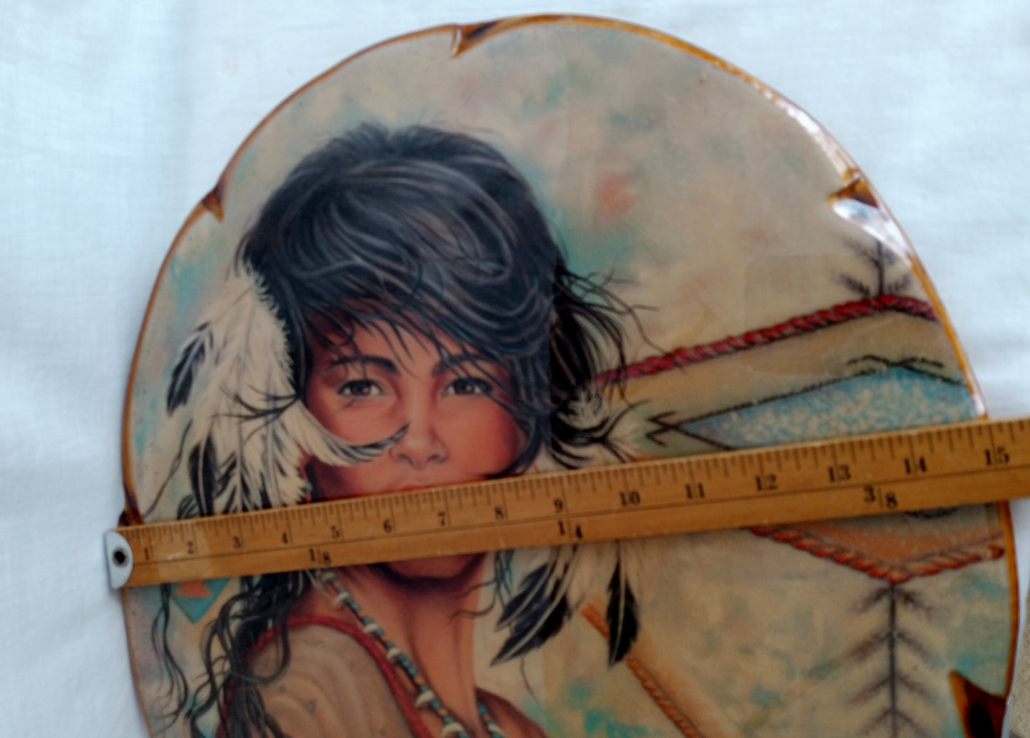 Vintage Large Oval Lacquered Wood Slab Plaque Young Woman Native American Indian Wall Hanging Portrait Wood Art Southwestern Decor 19” Tall