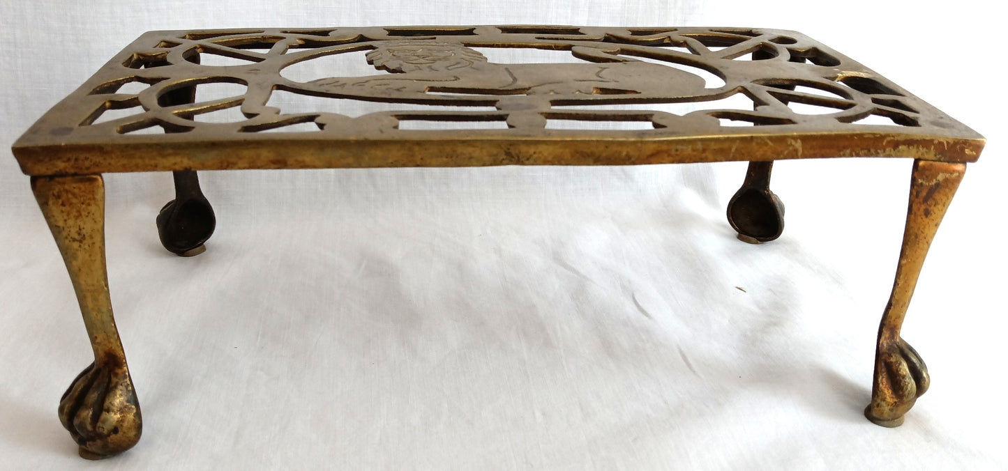 Vintage Antique Rectangle Pierced Top Brass Tea Pot Plant Stand Lion Motif 4 Legs Ball Claw Feet Accent Fireside Rack Mini Table