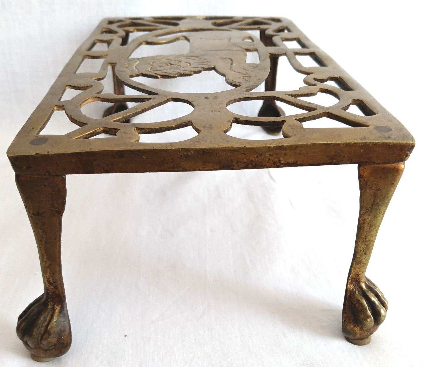 Vintage Antique Rectangle Pierced Top Brass Tea Pot Plant Stand Lion Motif 4 Legs Ball Claw Feet Accent Fireside Rack Mini Table