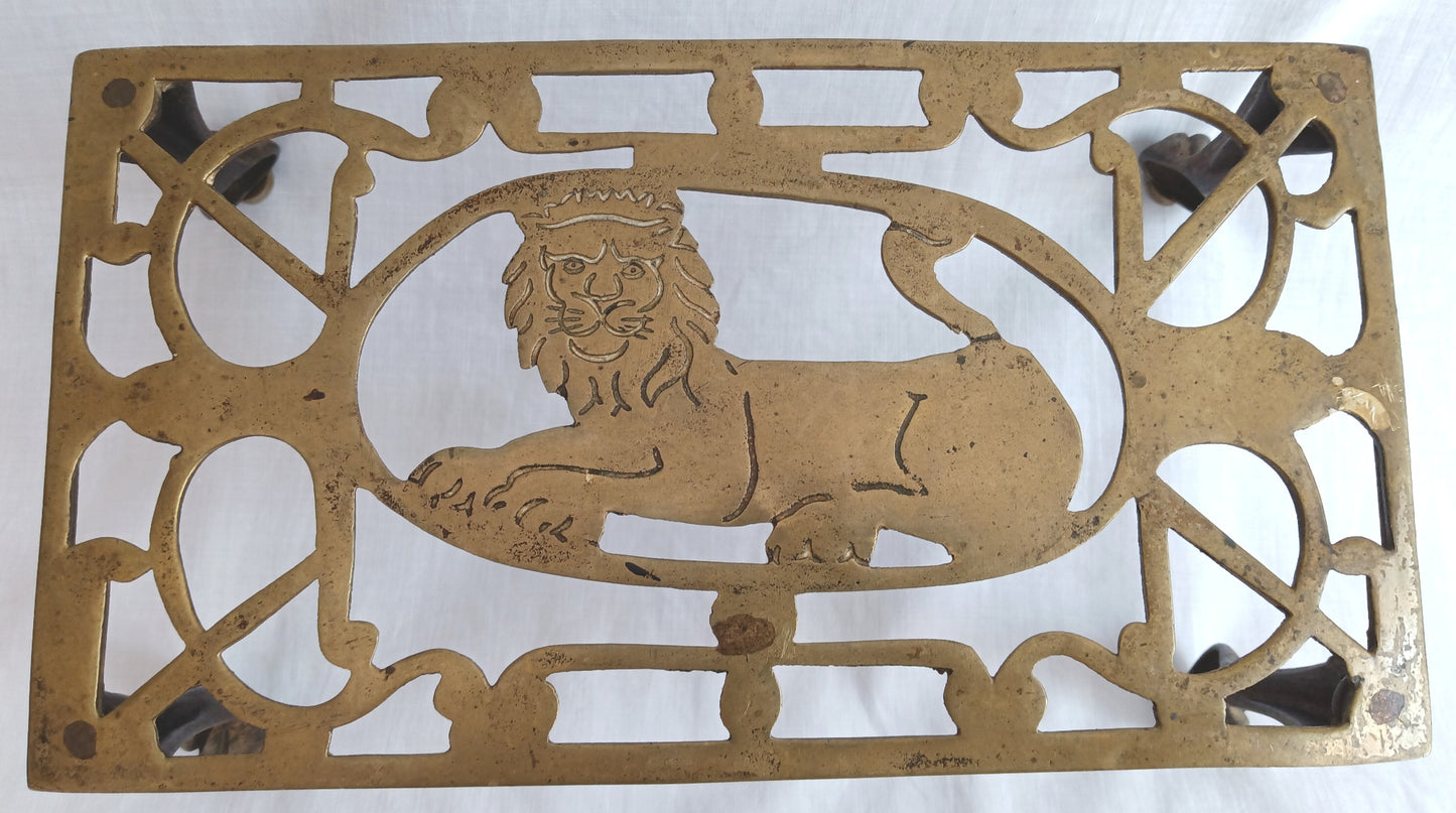 Vintage Antique Rectangle Pierced Top Brass Tea Pot Plant Stand Lion Motif 4 Legs Ball Claw Feet Accent Fireside Rack Mini Table