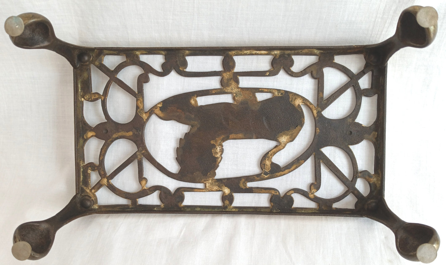 Vintage Antique Rectangle Pierced Top Brass Tea Pot Plant Stand Lion Motif 4 Legs Ball Claw Feet Accent Fireside Rack Mini Table
