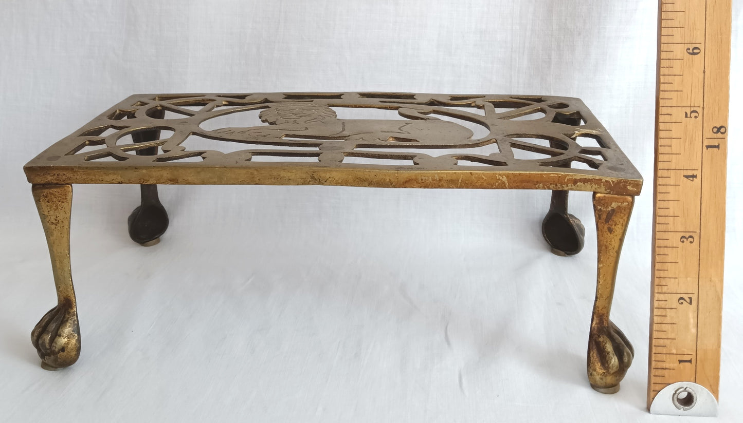 Vintage Antique Rectangle Pierced Top Brass Tea Pot Plant Stand Lion Motif 4 Legs Ball Claw Feet Accent Fireside Rack Mini Table