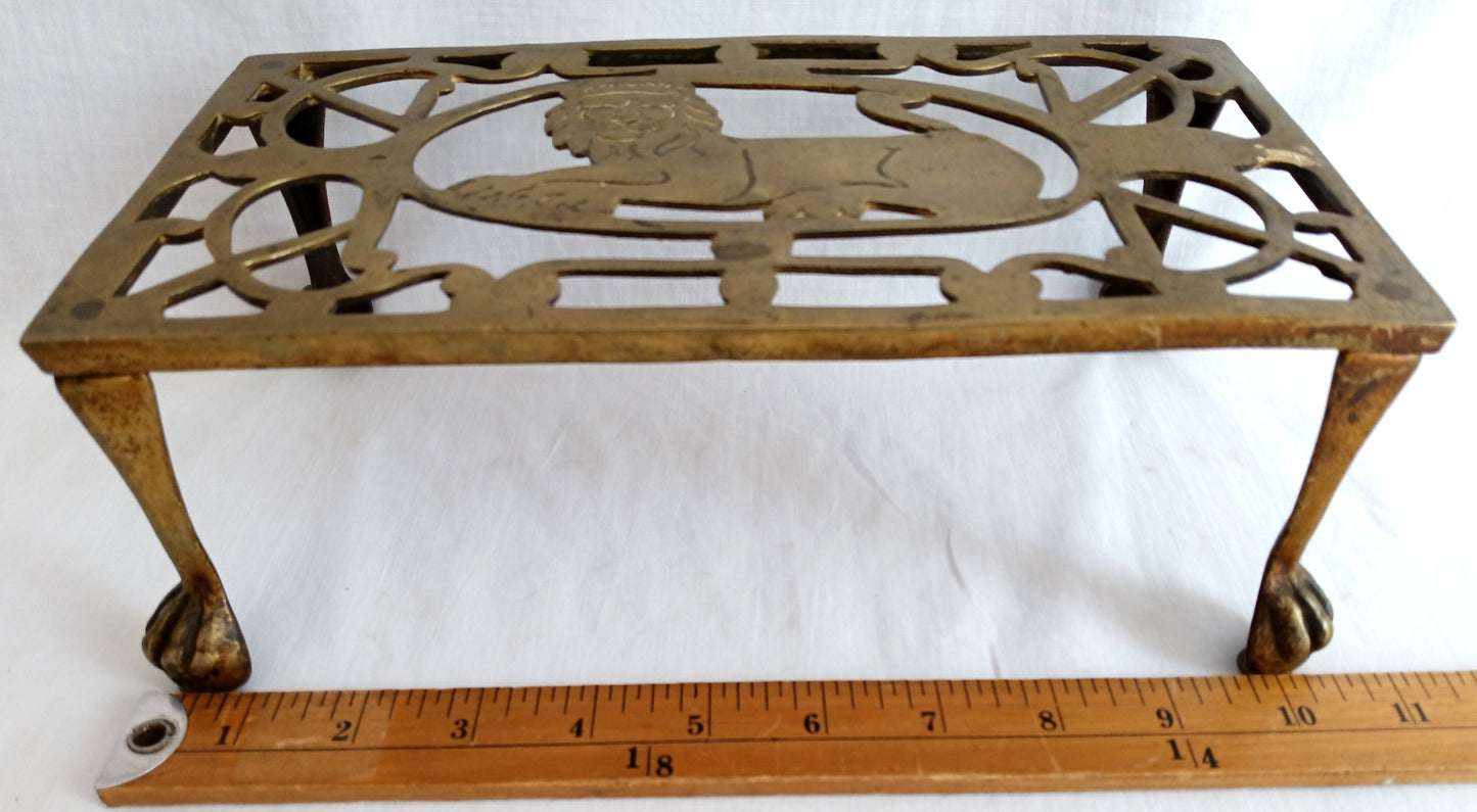 Vintage Antique Rectangle Pierced Top Brass Tea Pot Plant Stand Lion Motif 4 Legs Ball Claw Feet Accent Fireside Rack Mini Table