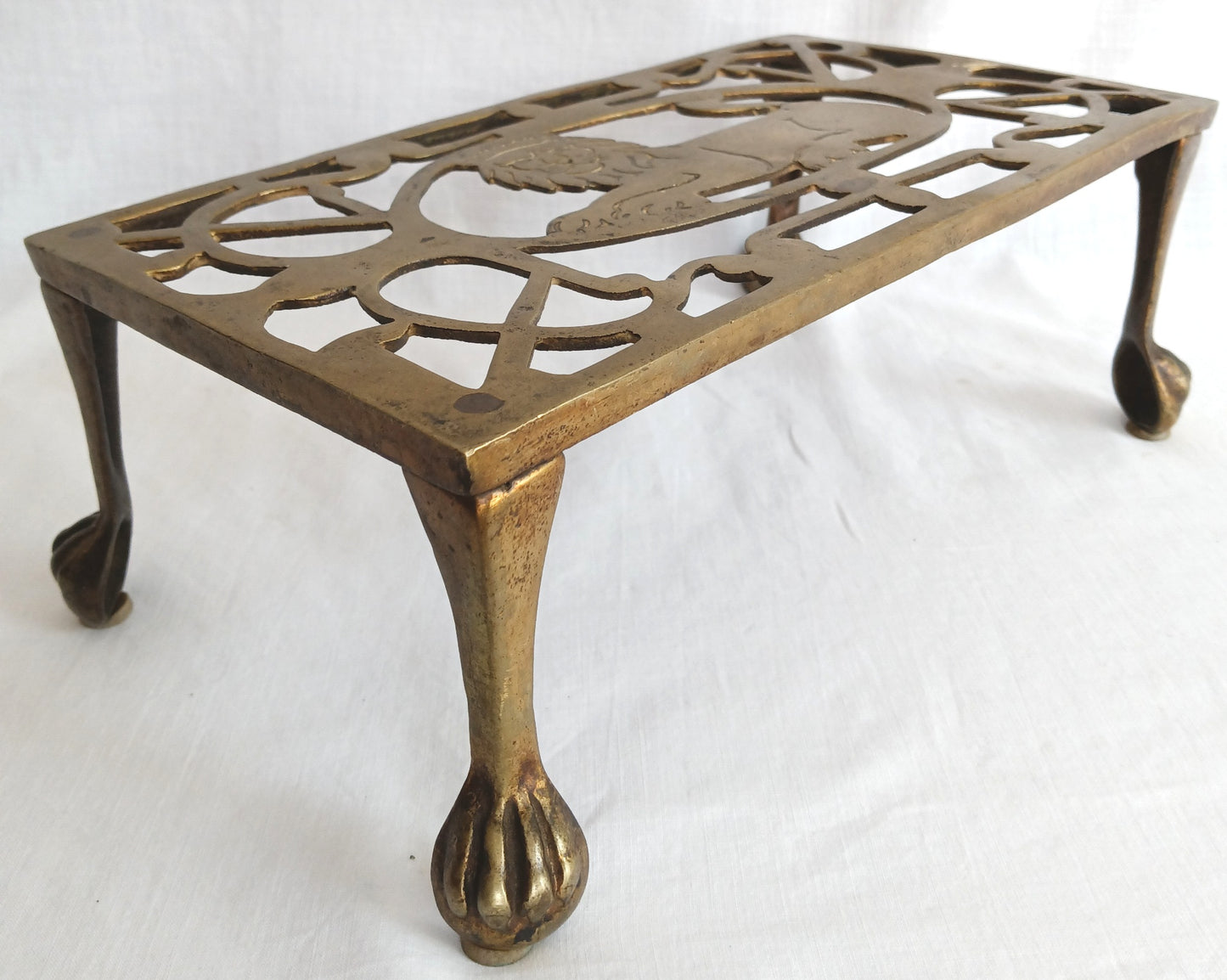 Vintage Antique Rectangle Pierced Top Brass Tea Pot Plant Stand Lion Motif 4 Legs Ball Claw Feet Accent Fireside Rack Mini Table