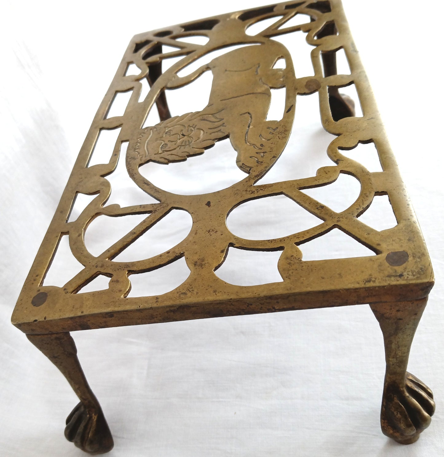 Vintage Antique Rectangle Pierced Top Brass Tea Pot Plant Stand Lion Motif 4 Legs Ball Claw Feet Accent Fireside Rack Mini Table