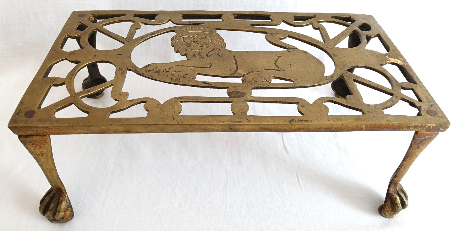 Vintage Antique Rectangle Pierced Top Brass Tea Pot Plant Stand Lion Motif 4 Legs Ball Claw Feet Accent Fireside Rack Mini Table