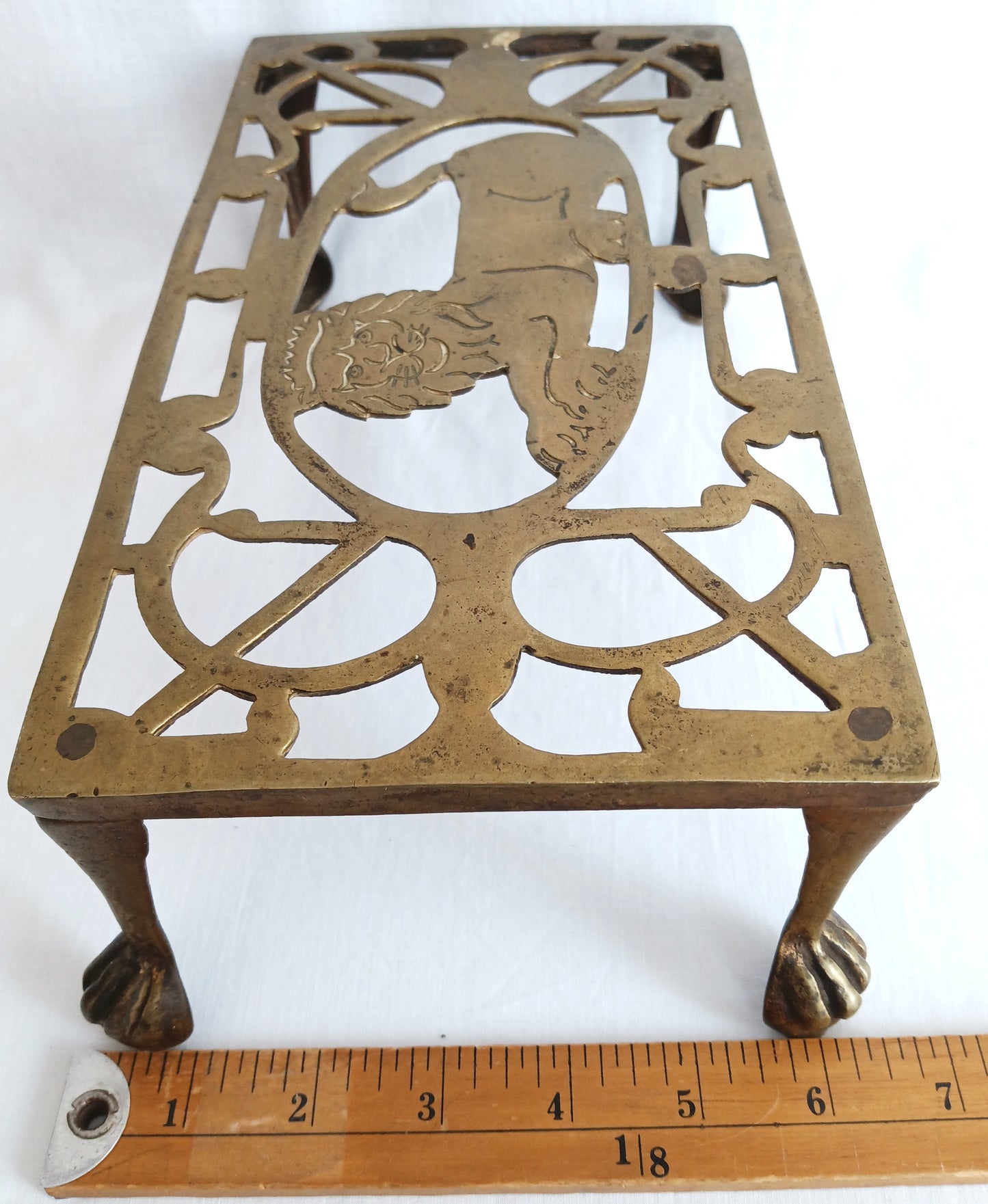Vintage Antique Rectangle Pierced Top Brass Tea Pot Plant Stand Lion Motif 4 Legs Ball Claw Feet Accent Fireside Rack Mini Table
