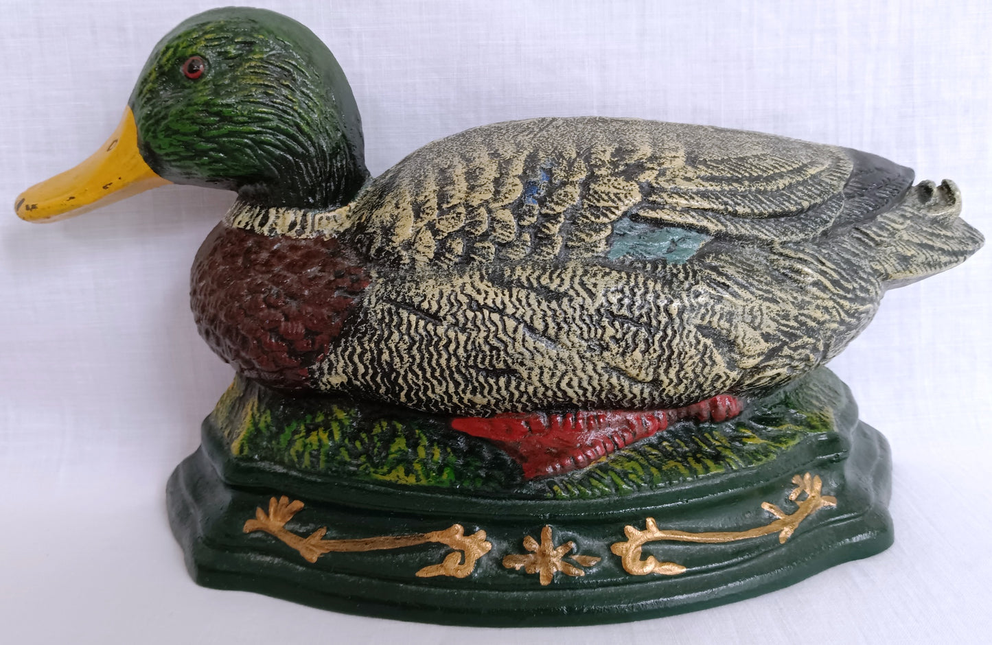 Vintage Cast Iron Hand Painted Mallard Duck Shaped Door Stop Bookend Colorful Metalware Cabin Man Cave Farmhouse Kitchen Décor