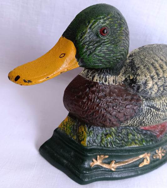 Vintage Cast Iron Hand Painted Mallard Duck Shaped Door Stop Bookend Colorful Metalware Cabin Man Cave Farmhouse Kitchen Décor