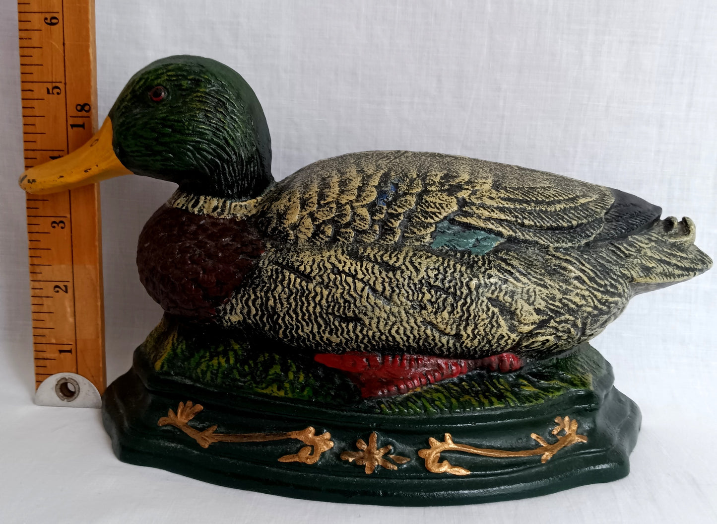 Vintage Cast Iron Hand Painted Mallard Duck Shaped Door Stop Bookend Colorful Metalware Cabin Man Cave Farmhouse Kitchen Décor