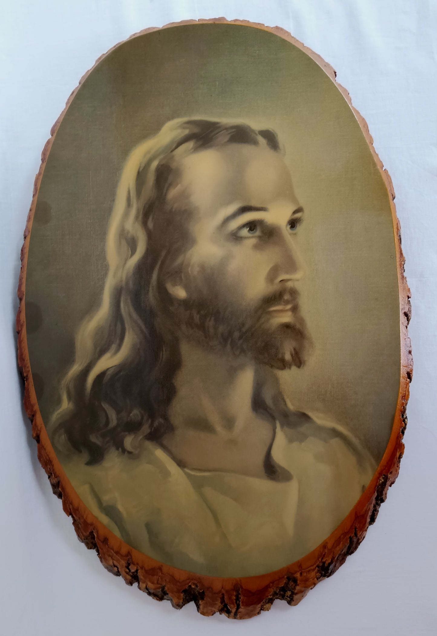 Vintage Sallman’s Head of Christ Lithography in Oval Lacquered Wood Slice Slab Wall Art Christian Religious Gift Divine Inspiration Plaque