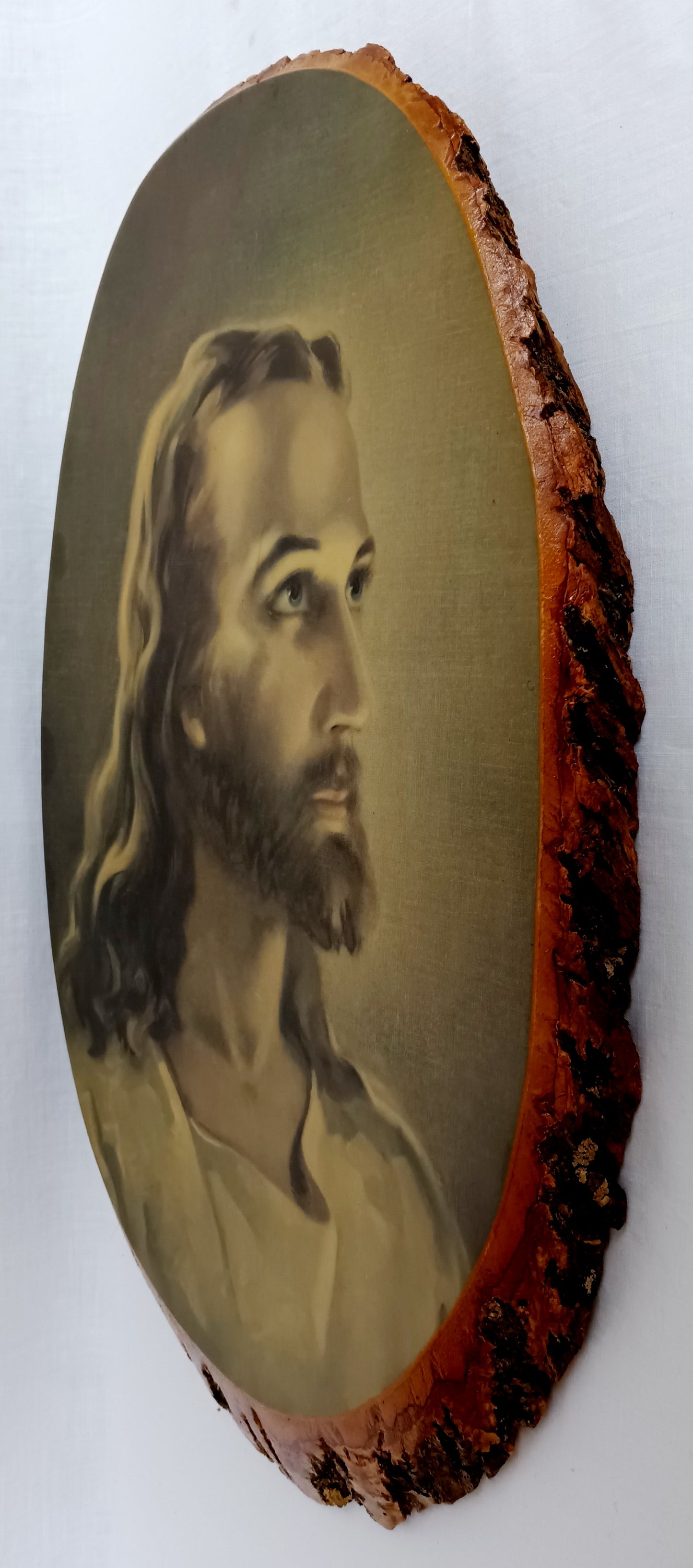 Vintage Sallman’s Head of Christ Lithography in Oval Lacquered Wood Slice Slab Wall Art Christian Religious Gift Divine Inspiration Plaque