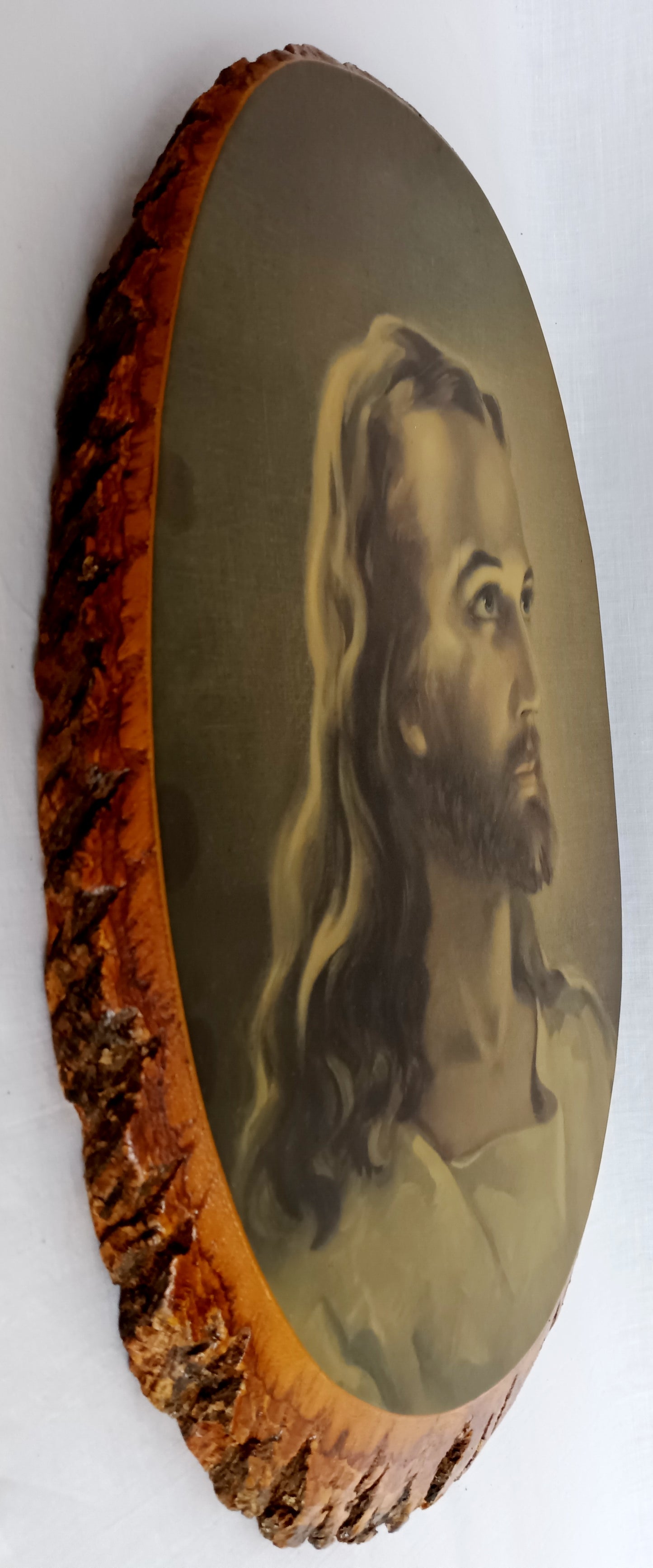 Vintage Sallman’s Head of Christ Lithography in Oval Lacquered Wood Slice Slab Wall Art Christian Religious Gift Divine Inspiration Plaque