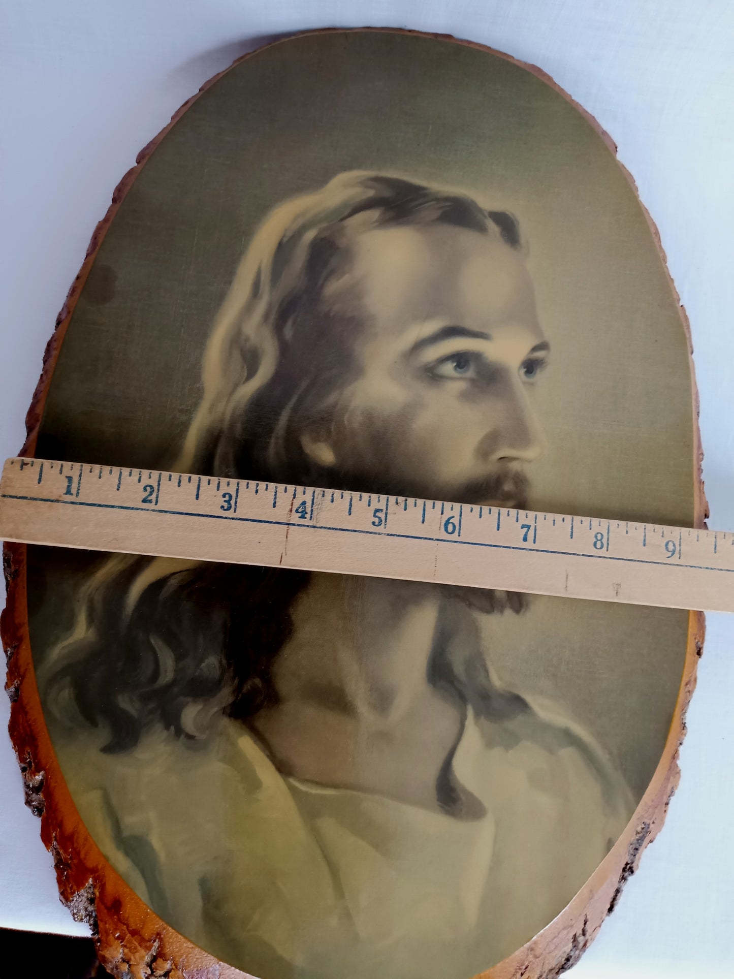 Vintage Sallman’s Head of Christ Lithography in Oval Lacquered Wood Slice Slab Wall Art Christian Religious Gift Divine Inspiration Plaque