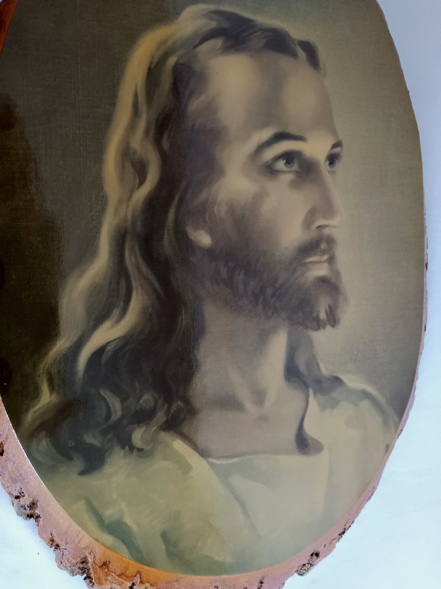 Vintage Sallman’s Head of Christ Lithography in Oval Lacquered Wood Slice Slab Wall Art Christian Religious Gift Divine Inspiration Plaque
