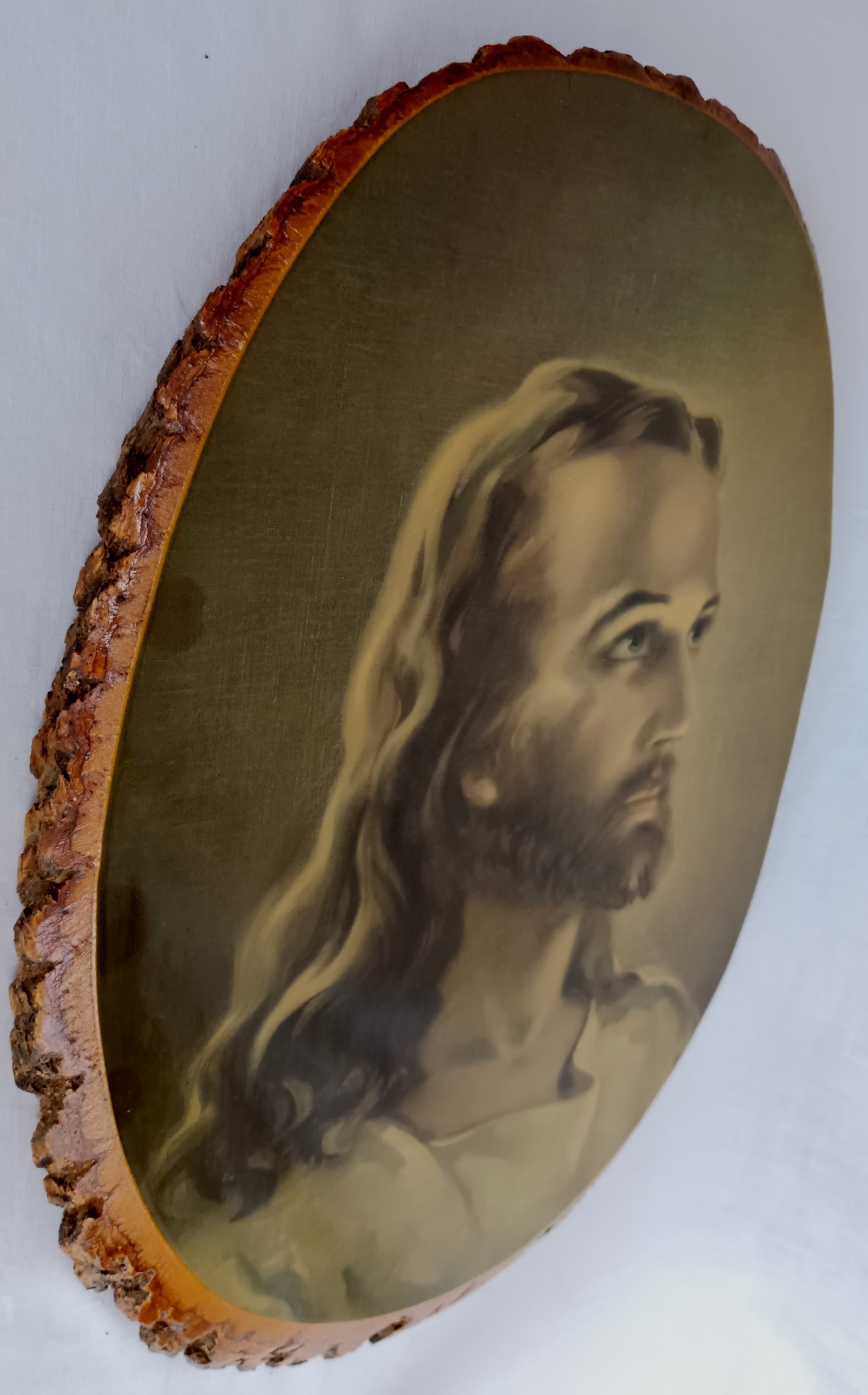 Vintage Sallman’s Head of Christ Lithography in Oval Lacquered Wood Slice Slab Wall Art Christian Religious Gift Divine Inspiration Plaque