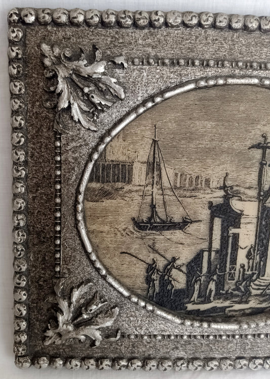 Vintage Wall Hanging Decorative Framed Artwork Etched Neoclassical Coastal Scene Set in Ornate Resin 3D Rectangular Frame Nautical Decor