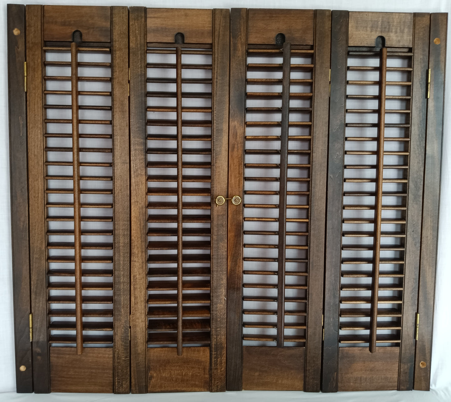Pair Shutters Plantation Style Louvered Interior Wooden 2 Panels Each Connected Hinges Brown 2 Hang Strips Window Kitchen Rustic 31"W x 28"H