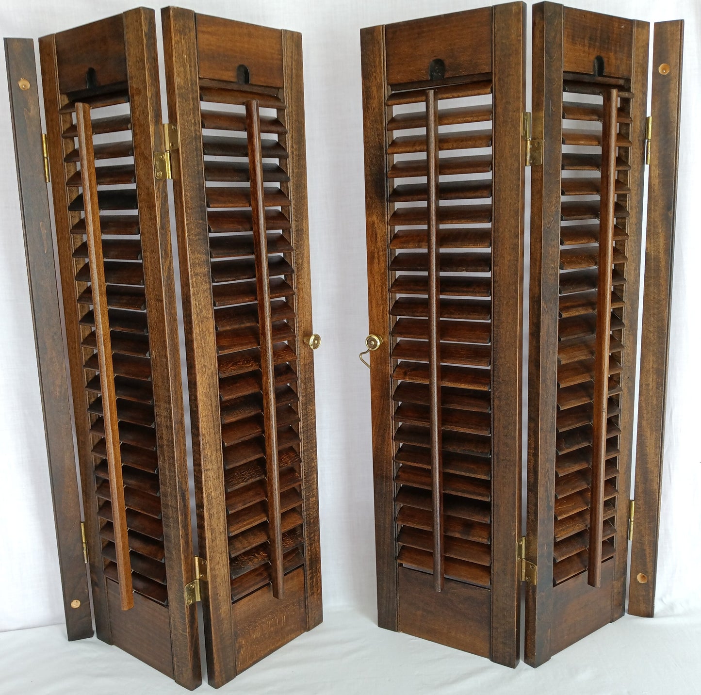 Pair Shutters Plantation Style Louvered Interior Wooden 2 Panels Each Connected Hinges Brown 2 Hang Strips Window Kitchen Rustic 31"W x 28"H