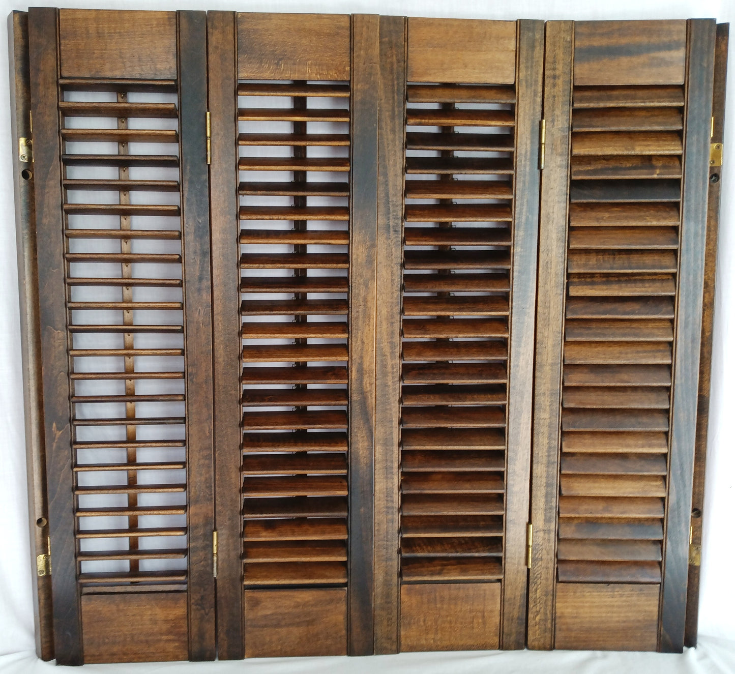 Pair Shutters Plantation Style Louvered Interior Wooden 2 Panels Each Connected Hinges Brown 2 Hang Strips Window Kitchen Rustic 31"W x 28"H