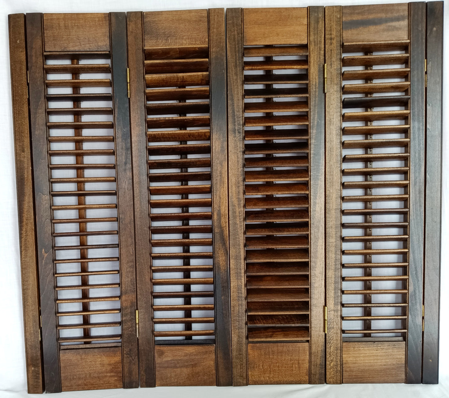 Pair Shutters Plantation Style Louvered Interior Wooden 2 Panels Each Connected Hinges Brown 2 Hang Strips Window Kitchen Rustic 31"W x 28"H