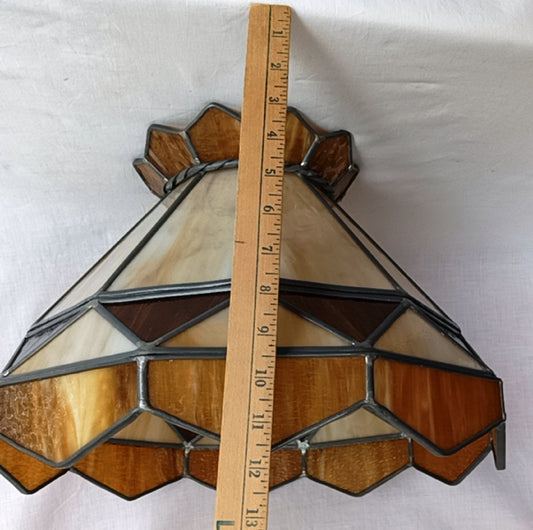 Vintage Large Swag Pendant Large Heavy Replacement Lampshade Tiffany Style Amber Brown Ivory Stained Glass Slag Leaded Framed 15.5” D