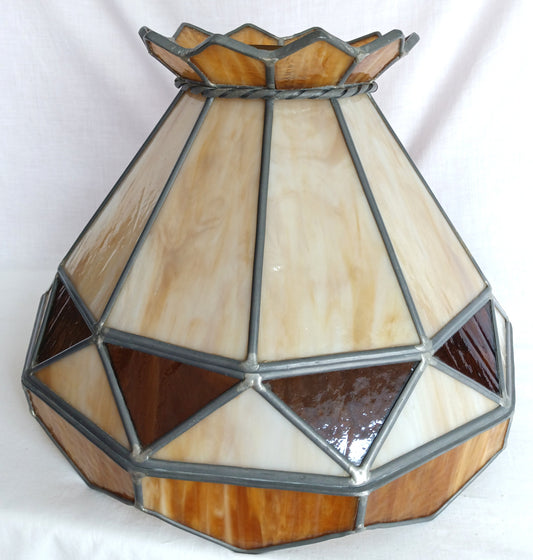 Vintage Large Swag Pendant Large Heavy Replacement Lampshade Tiffany Style Amber Brown Ivory Stained Glass Slag Leaded Framed 15.5” D