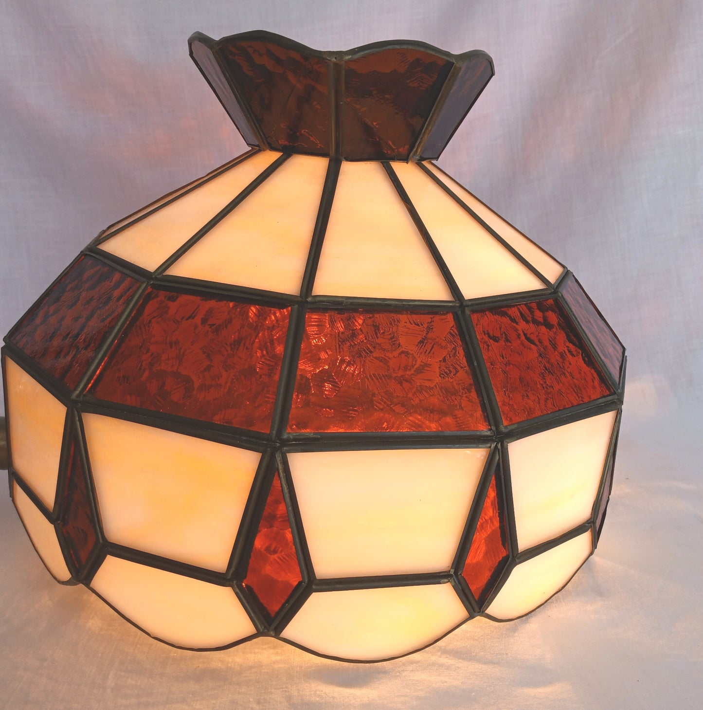 Vintage Handcrafted Tiffany Style Replacement Lampshade Swag Pendant Amber Ivory-Stained Glass Slag Brass Framed Art Glass 12” D-Mexico