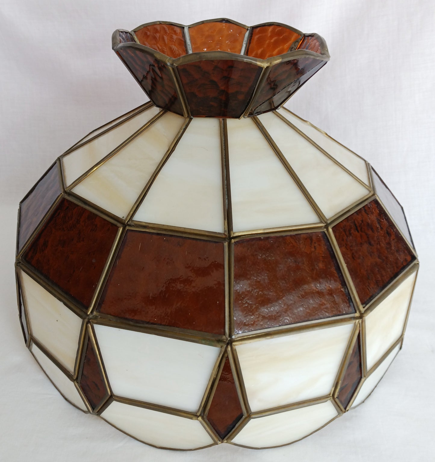 Vintage Handcrafted Tiffany Style Replacement Lampshade Swag Pendant Amber Ivory-Stained Glass Slag Brass Framed Art Glass 12” D-Mexico