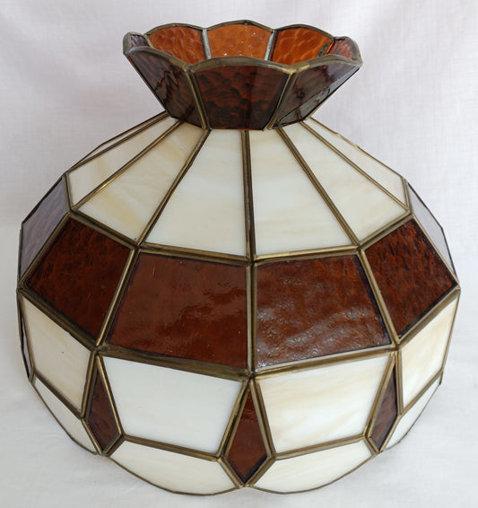 Vintage Handcrafted Tiffany Style Replacement Lampshade Swag Pendant Amber Ivory-Stained Glass Slag Brass Framed Art Glass 12” D-Mexico