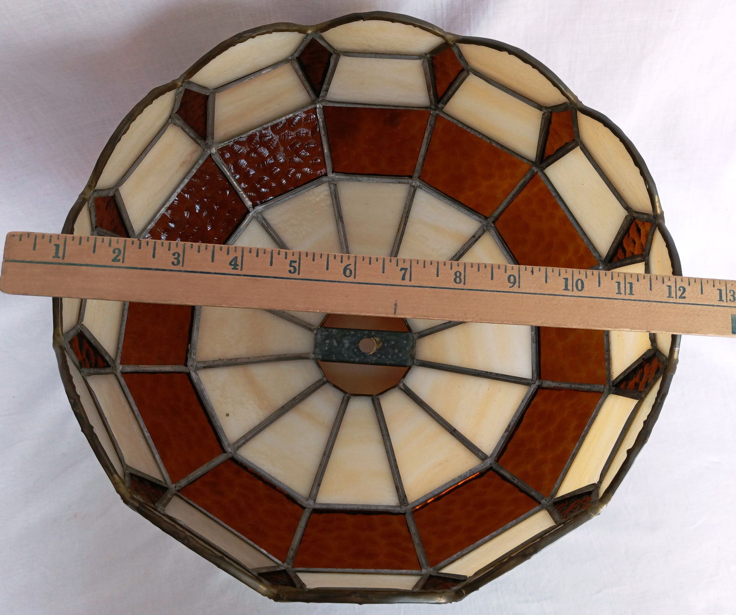 Vintage Handcrafted Tiffany Style Replacement Lampshade Swag Pendant Amber Ivory-Stained Glass Slag Brass Framed Art Glass 12” D-Mexico