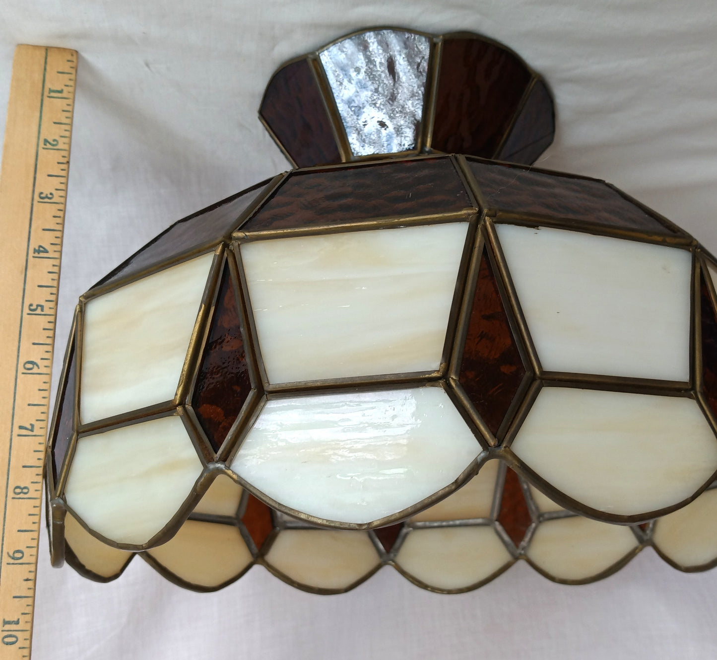 Vintage Handcrafted Tiffany Style Replacement Lampshade Swag Pendant Amber Ivory-Stained Glass Slag Brass Framed Art Glass 12” D-Mexico