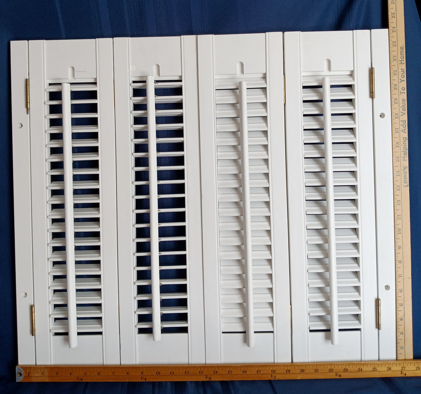 Vintage Plantation Style White Pair Shutters Bi-fold Panels Connected Hinges Interior Louvered Window Faux Wood 26 1/2" W x 24" H-NOS