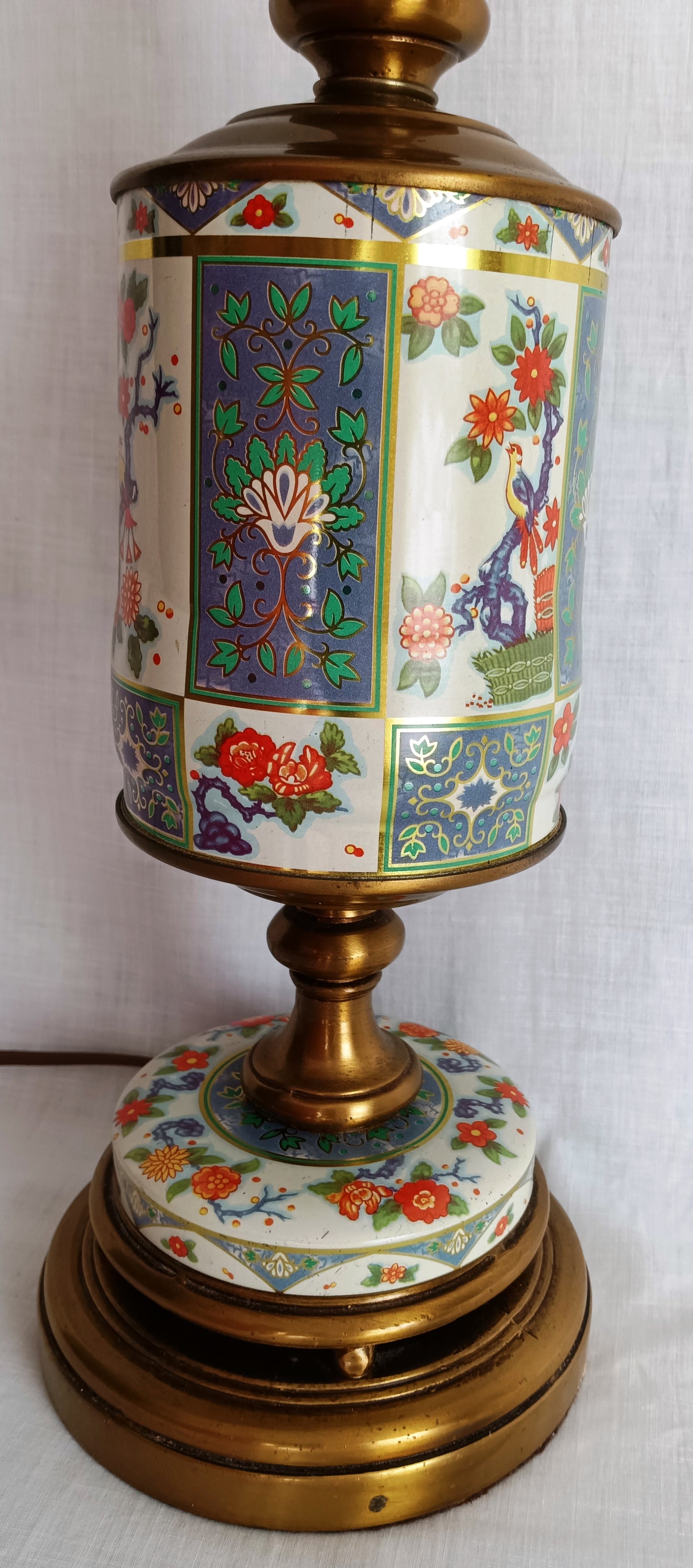 Vintage Chinoiserie Style Column Table Lamp Birds Flowers Daher Tin Solid Brass 3 Way Harp Finial 30” Tall
