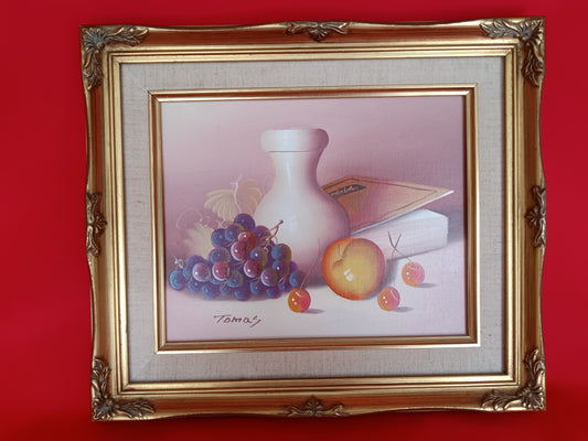 Vintage Still Life Oil Painting on Canvas w/Fruits White Vase Book Signed by Artist Ornate Golden Wooden Frame Wall Art - Mint Condition