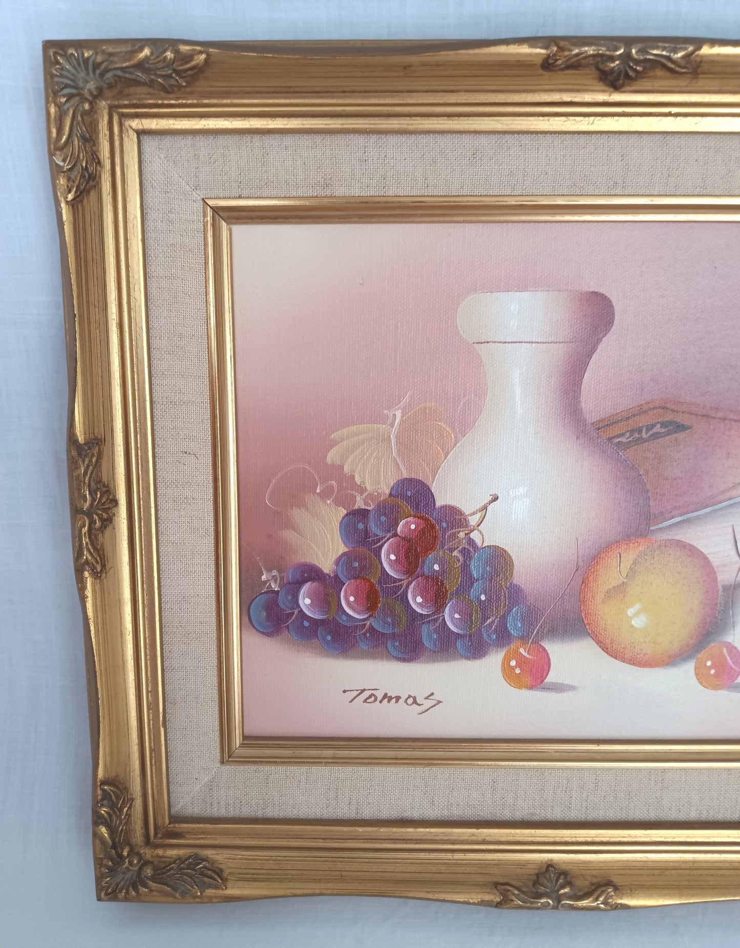 Vintage Still Life Oil Painting on Canvas w/Fruits White Vase Book Signed by Artist Ornate Golden Wooden Frame Wall Art - Mint Condition