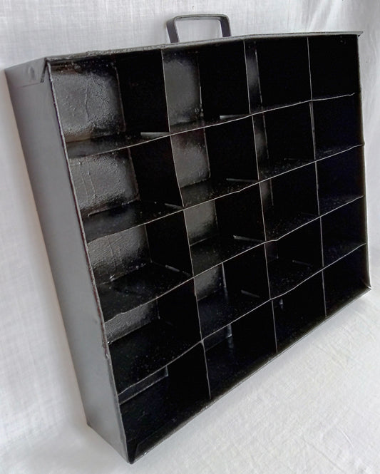 Vintage Small Display Tray Metal Painted Black 20 Compartments Storage Small Collectibles Jewelry Rectangular Box w/Handle