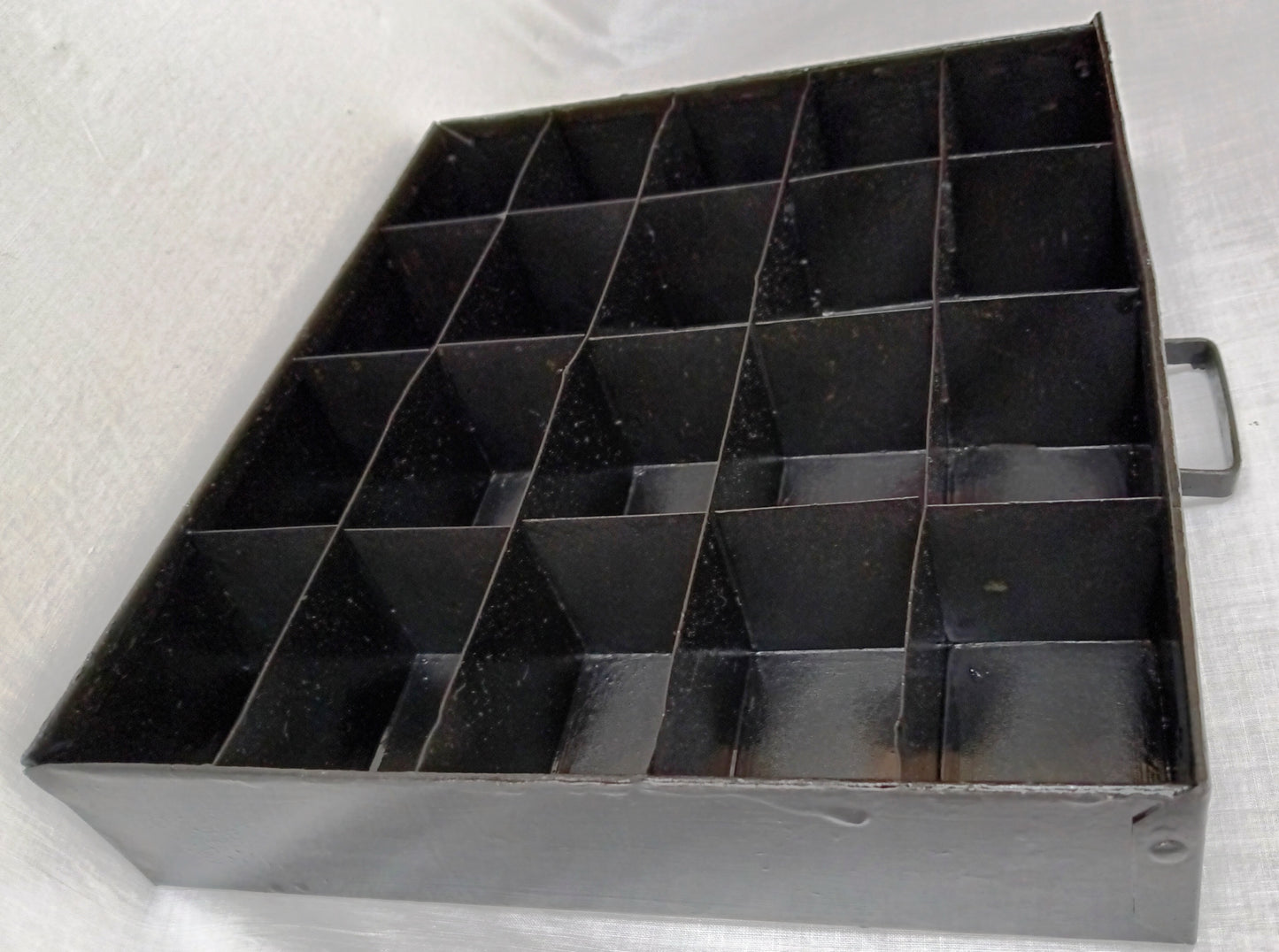 Vintage Small Display Tray Metal Painted Black 20 Compartments Storage Small Collectibles Jewelry Rectangular Box w/Handle
