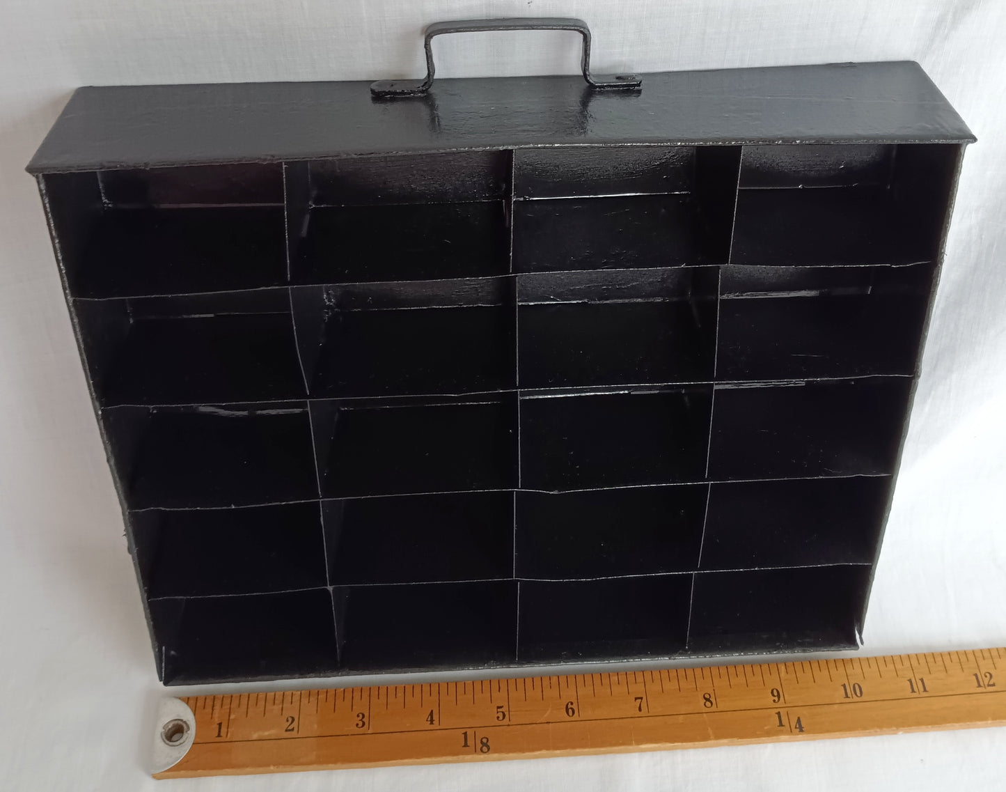 Vintage Small Display Tray Metal Painted Black 20 Compartments Storage Small Collectibles Jewelry Rectangular Box w/Handle